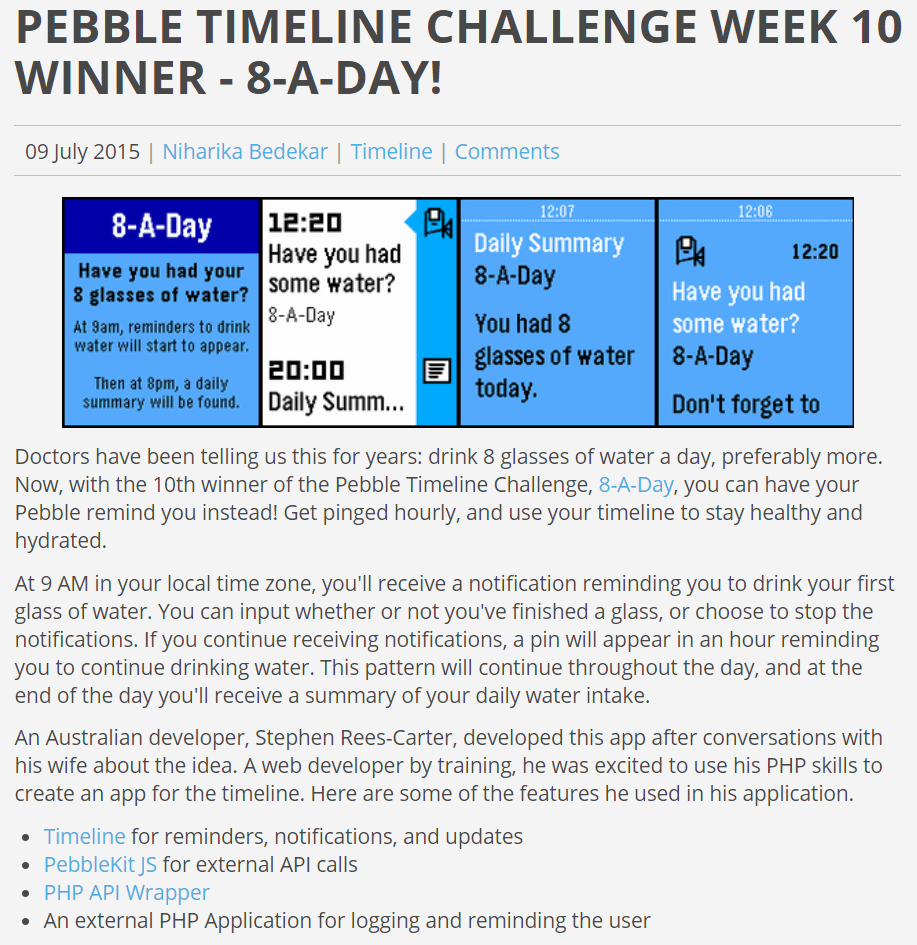 Screenshot of the "Pebble Timeline Challenge Week 10 - 8-A-Day" blog post.