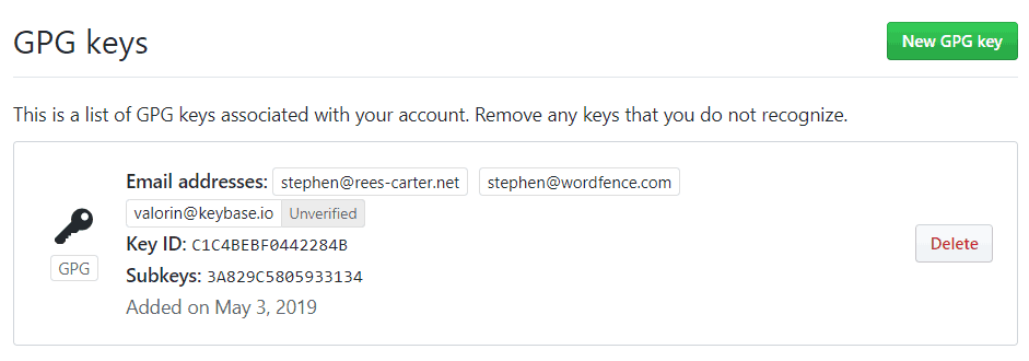 GPG key in GitHub account used to sign git commits