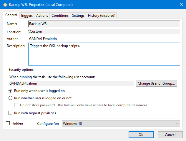 Windows Task Scheduler - WSL Backup - General