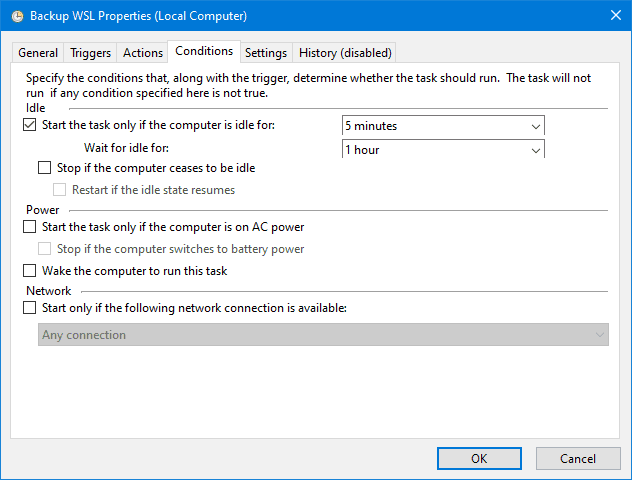 WSL Backup Task Conditions