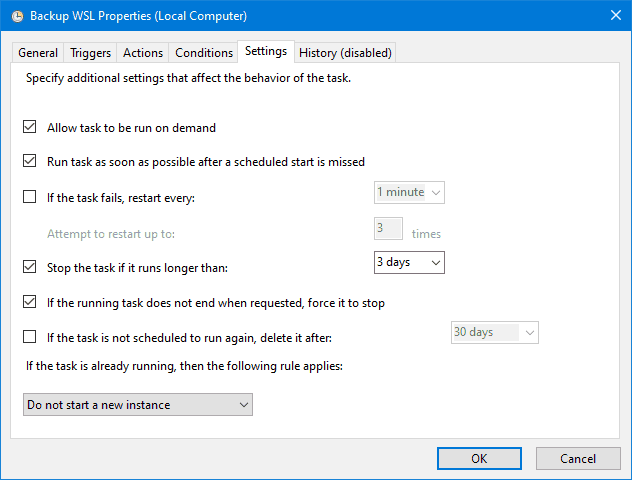 WSL Backup Task Settings