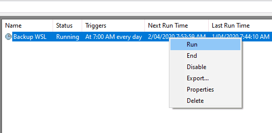 Manually triggering the WSl2 backup to ensure the automatic backup will work.